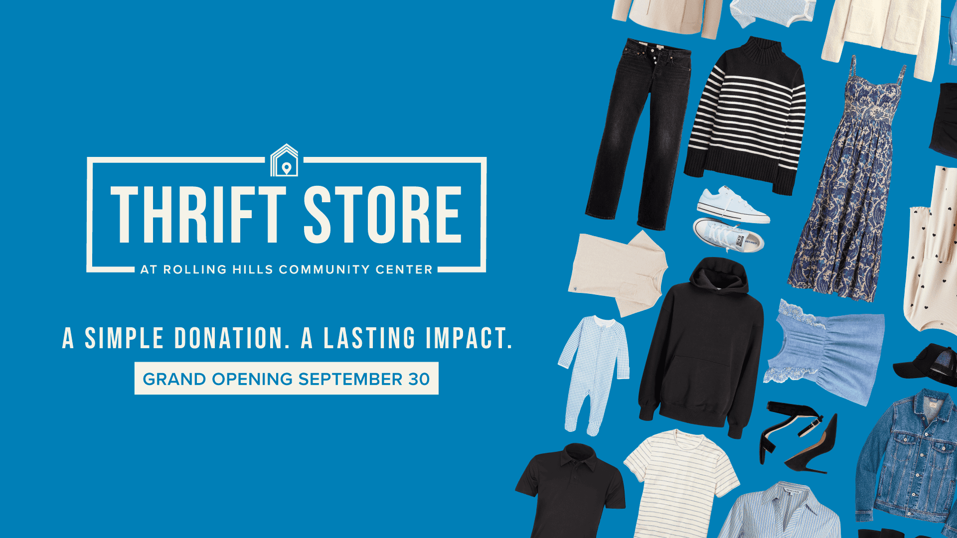 This slide promotes the grand opening of the Rolling Hills Community Center Thrift Store
